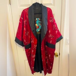 Reversible satin long kimono Asian anime cosplay floral fantasy dragon FLAWED